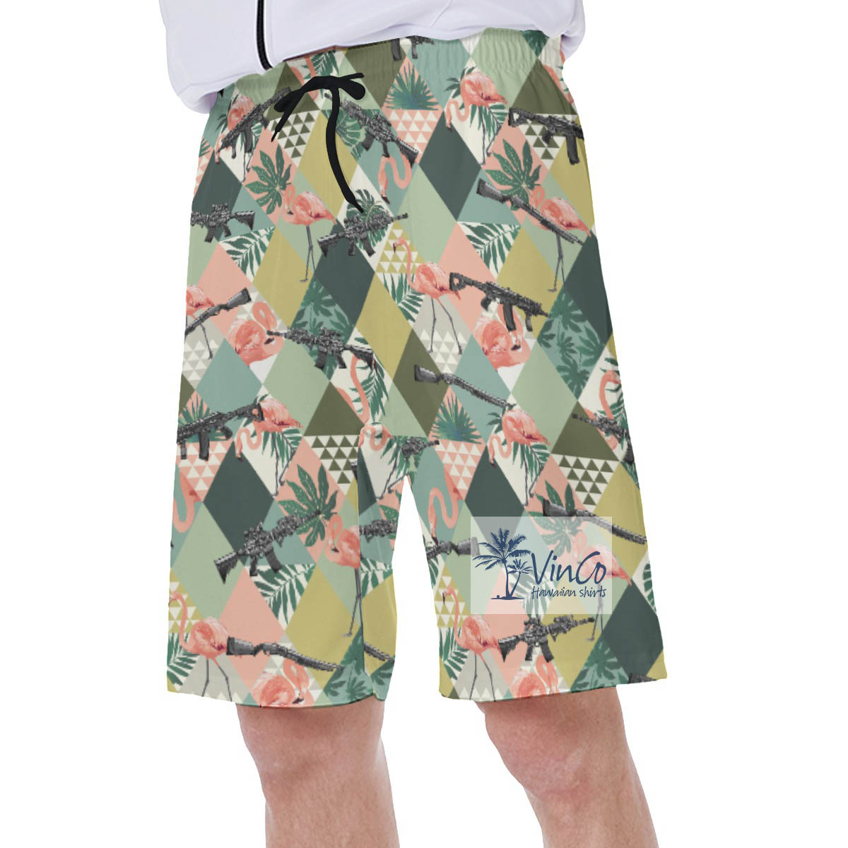 Tropical Flamingo Gun Green Hawaiian Swimwear For Men