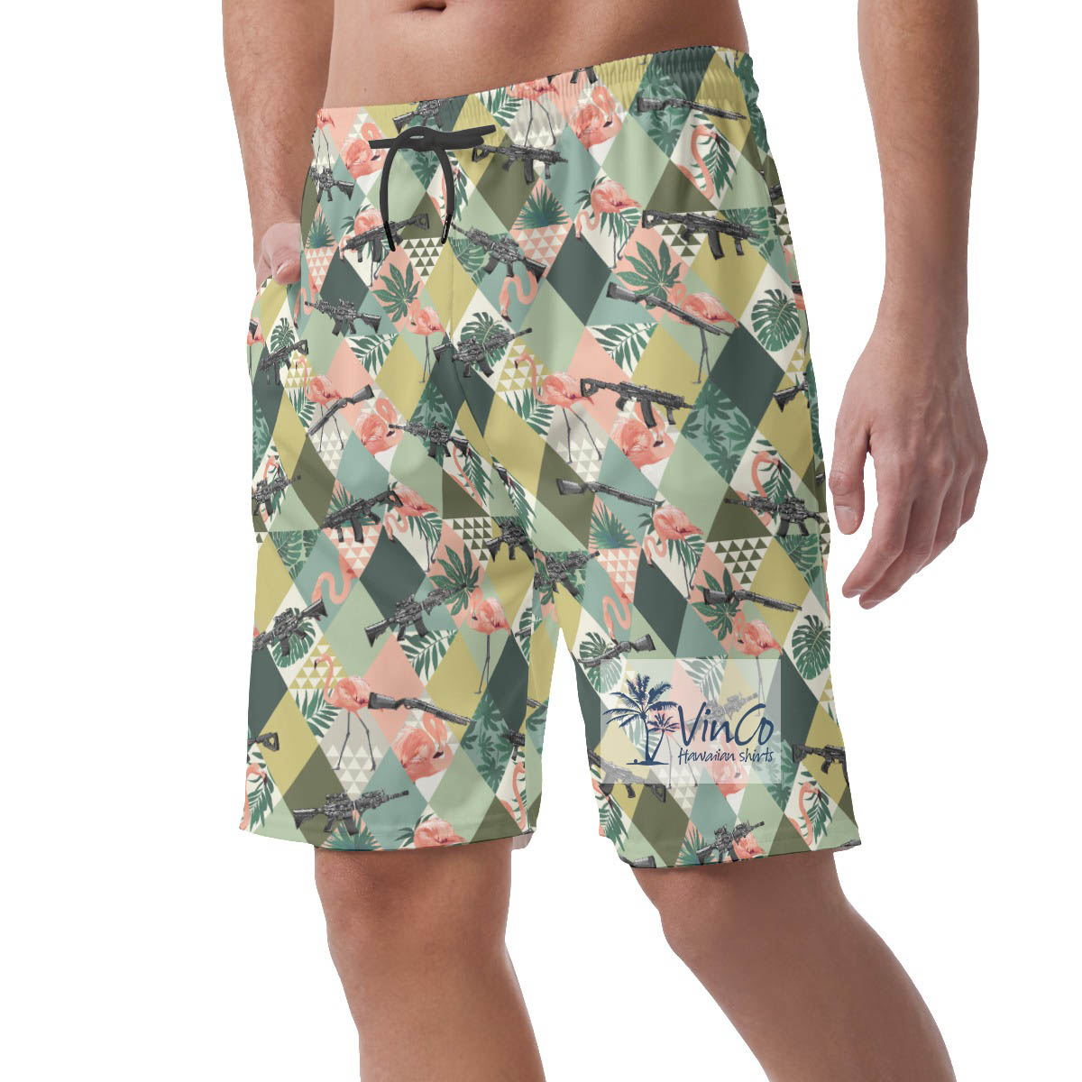 Funny Flamingo With Gun Tropical Summer Shorts For Men