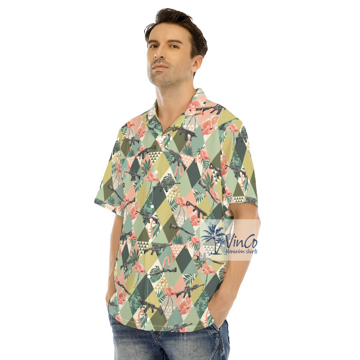 Flamingo Gun Tropical Green Hawaiian Shirt