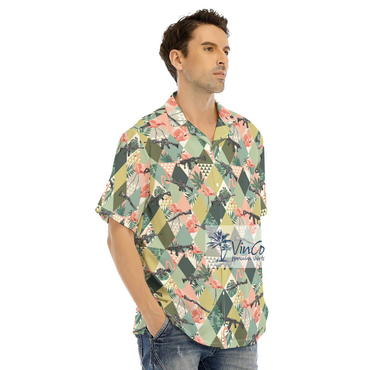 Flamingo Gun Tropical Green Hawaiian Shirt