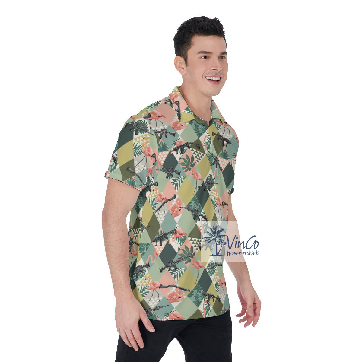 Tropical Flamingo Gun Hawaiian Polo Golf Shirt