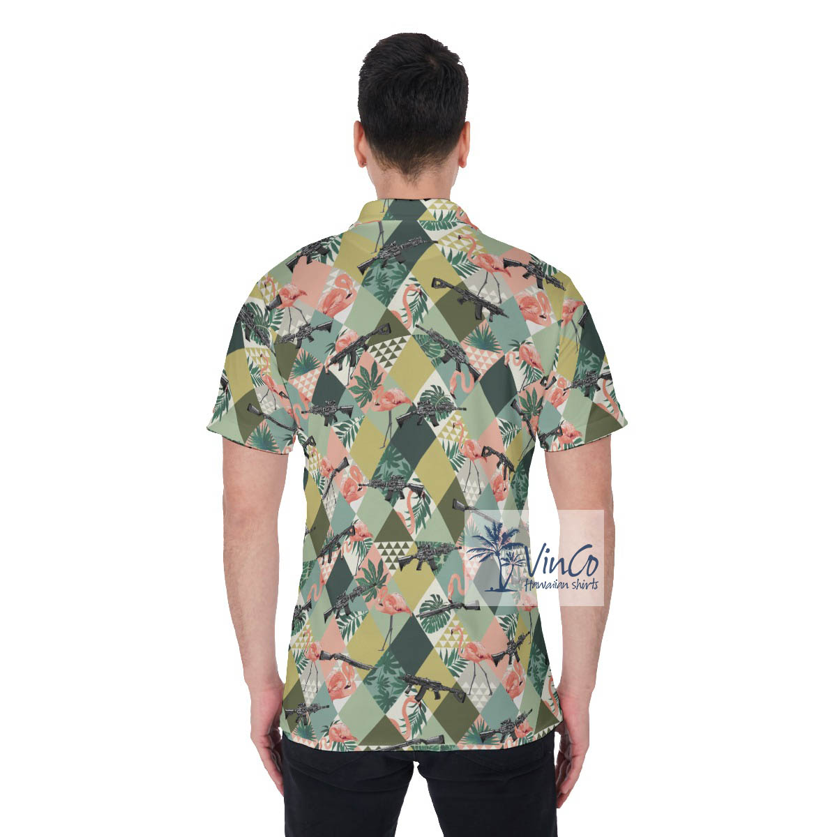 Tropical Flamingo Gun Hawaiian Polo Golf Shirt