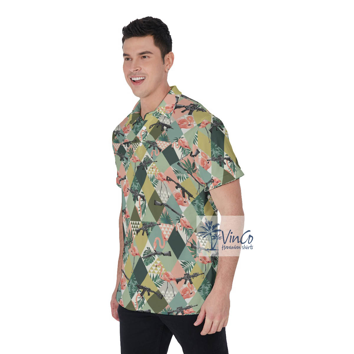 Tropical Flamingo Gun Hawaiian Polo Golf Shirt