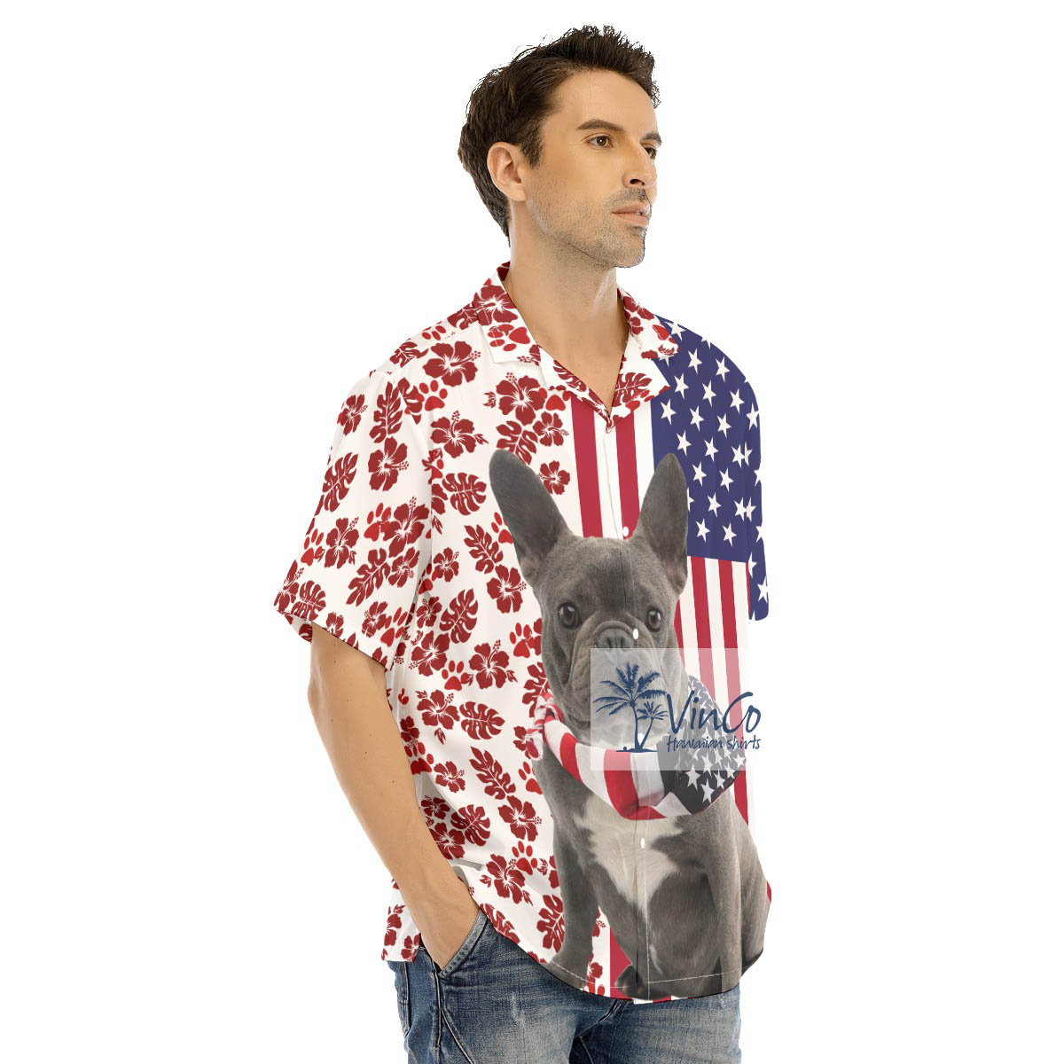 Unique French Bulldog Patriotic American Men's Hawaiian Shirt