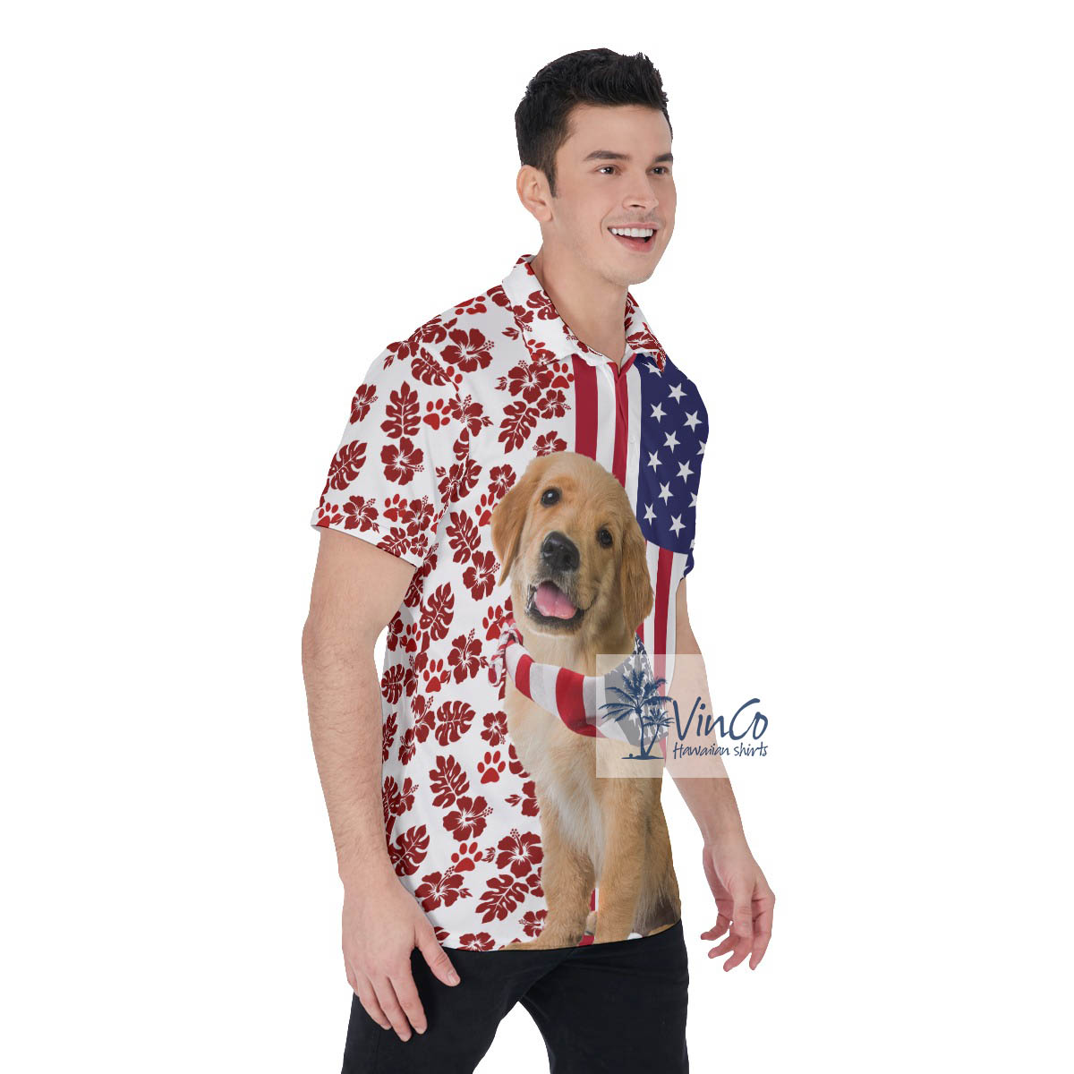 Golden Retrievers American Patriotic Hawaiian Golf Shirt For Men