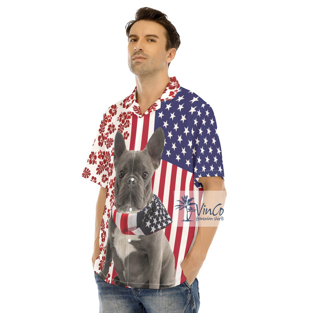 Unique French Bulldog Patriotic American Men's Hawaiian Shirt