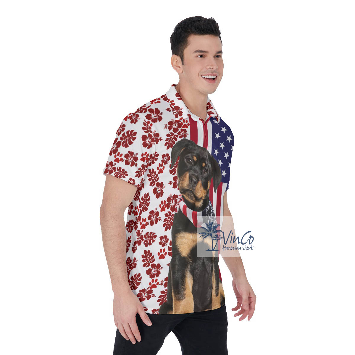 Patriotic Rottweiler American Flag Pattern Polo Golf Shirt For Men