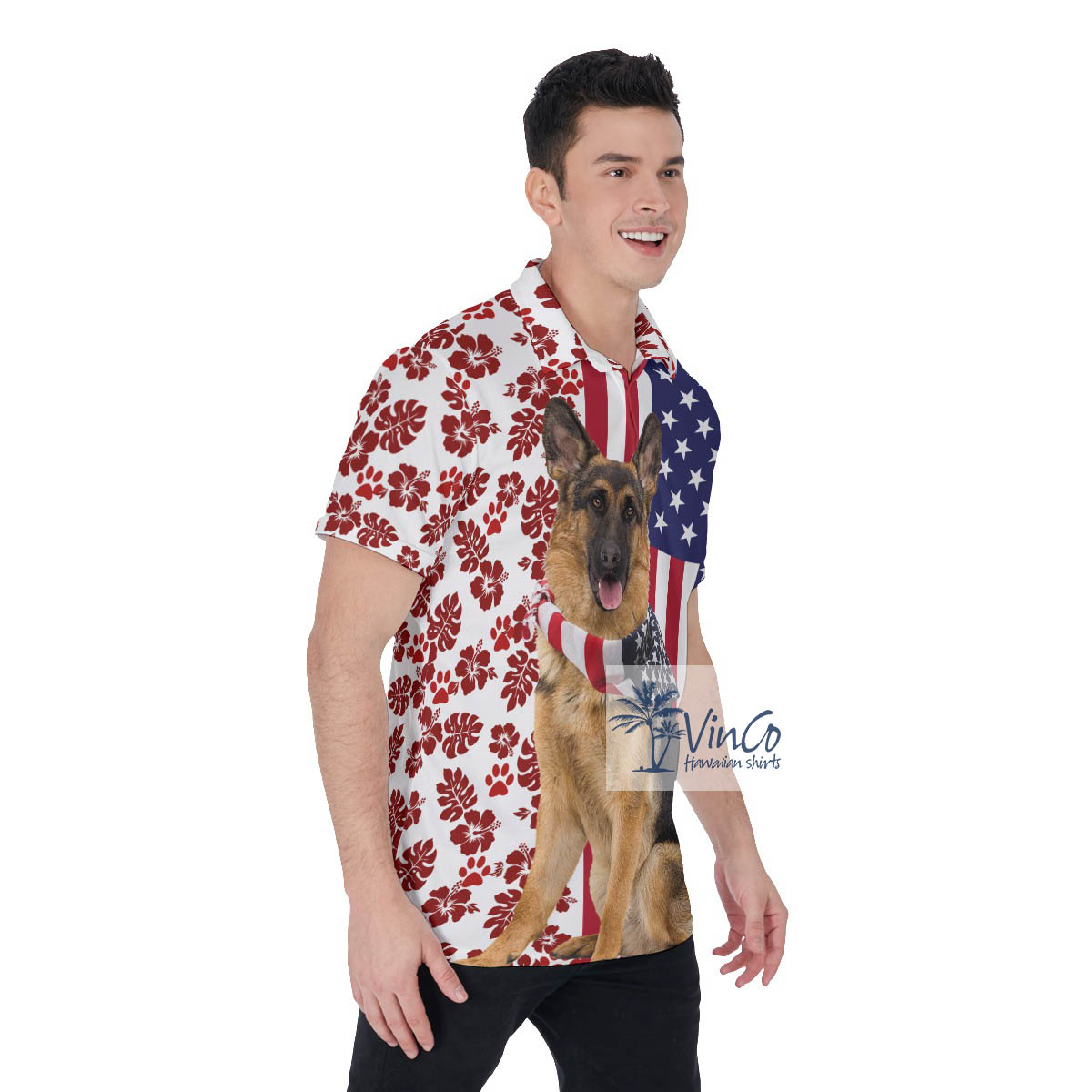 Patriotic German Shepherd Dogs American Flag Hawaiian Polo Shirt For Men