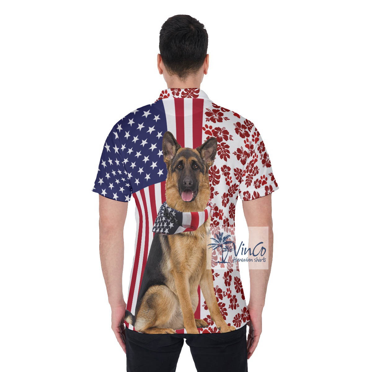 Patriotic German Shepherd Dogs American Flag Hawaiian Polo Shirt For Men