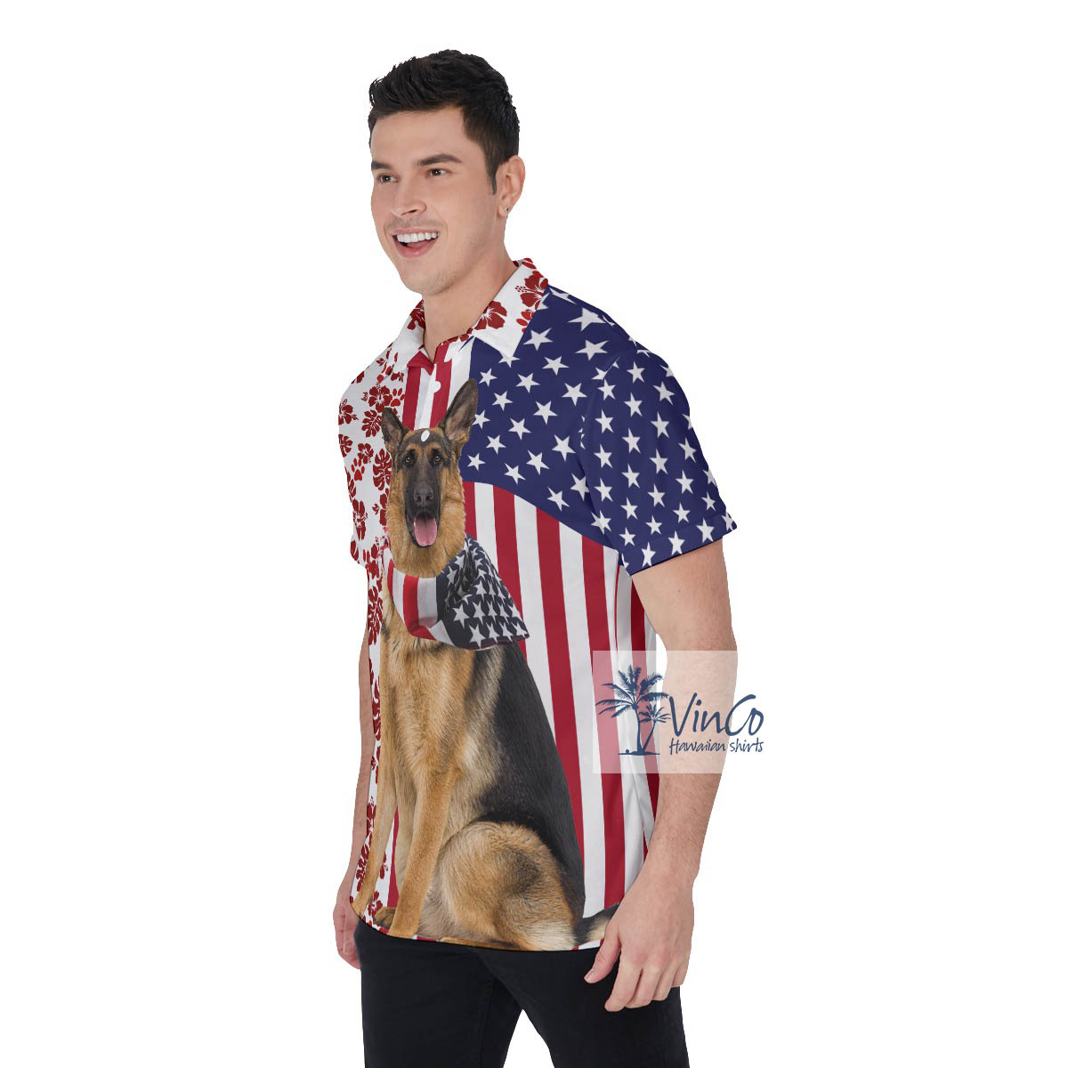 Patriotic German Shepherd Dogs American Flag Hawaiian Polo Shirt For Men
