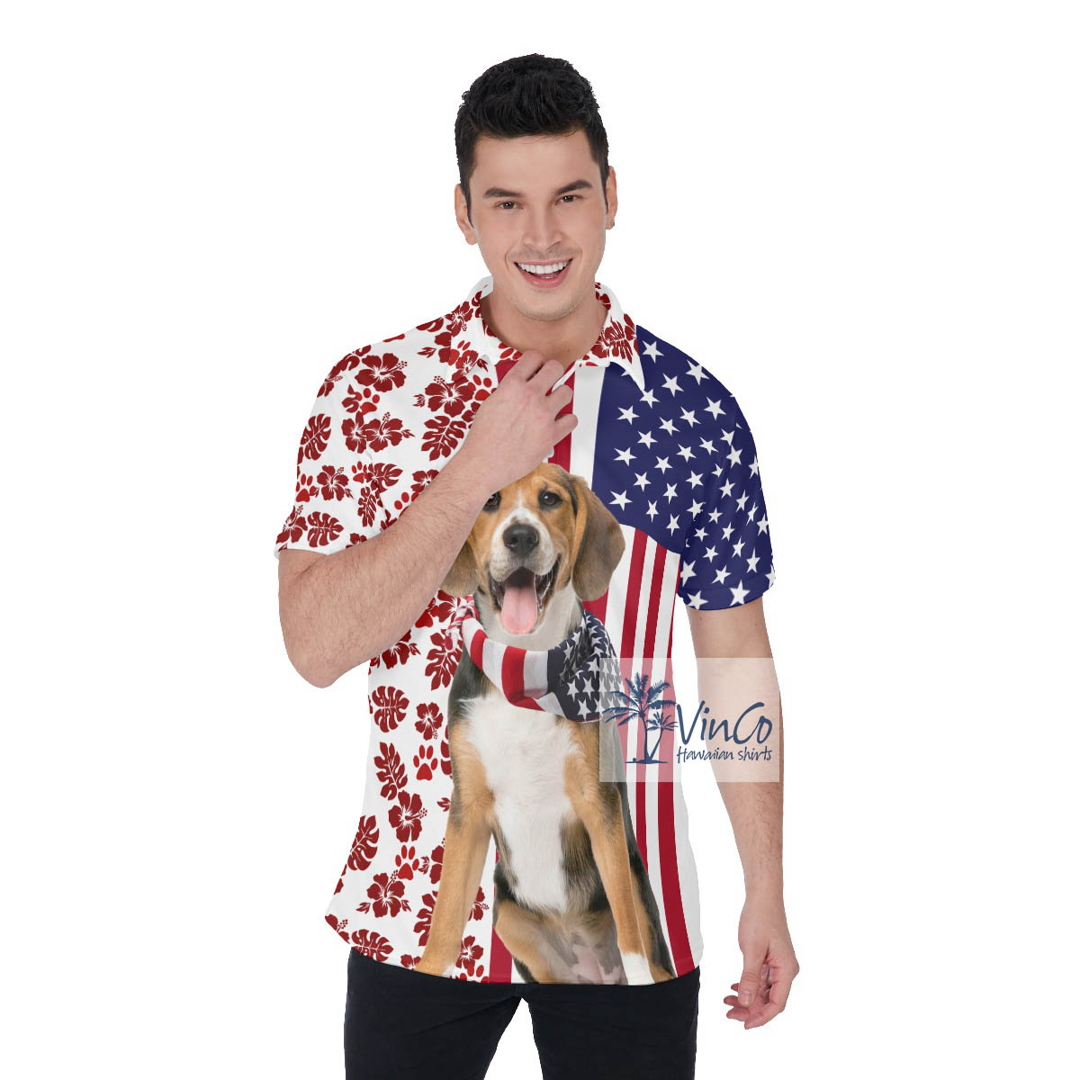 Patriotic Beagles Dog American Flag Hawaiian Golf Shirt - variant image 1