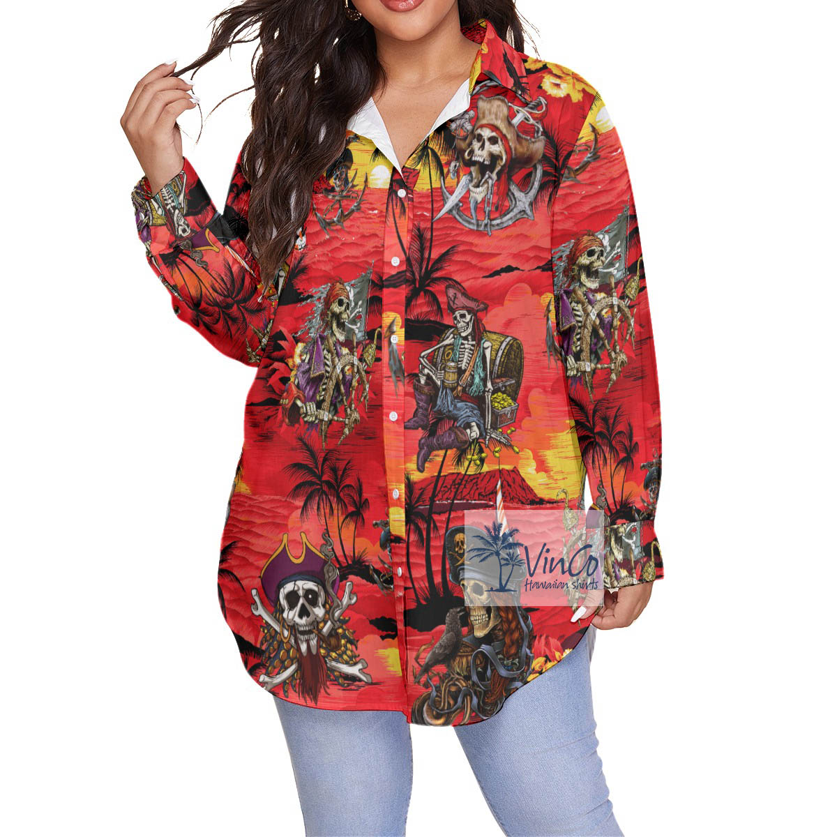 Pirate Skeleton Tropical Sunset Beach Hawaiian Plus Size Shirt - variant image 1