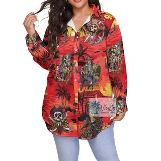 Pirate Skeleton Tropical Sunset Beach Hawaiian Plus Size Shirt