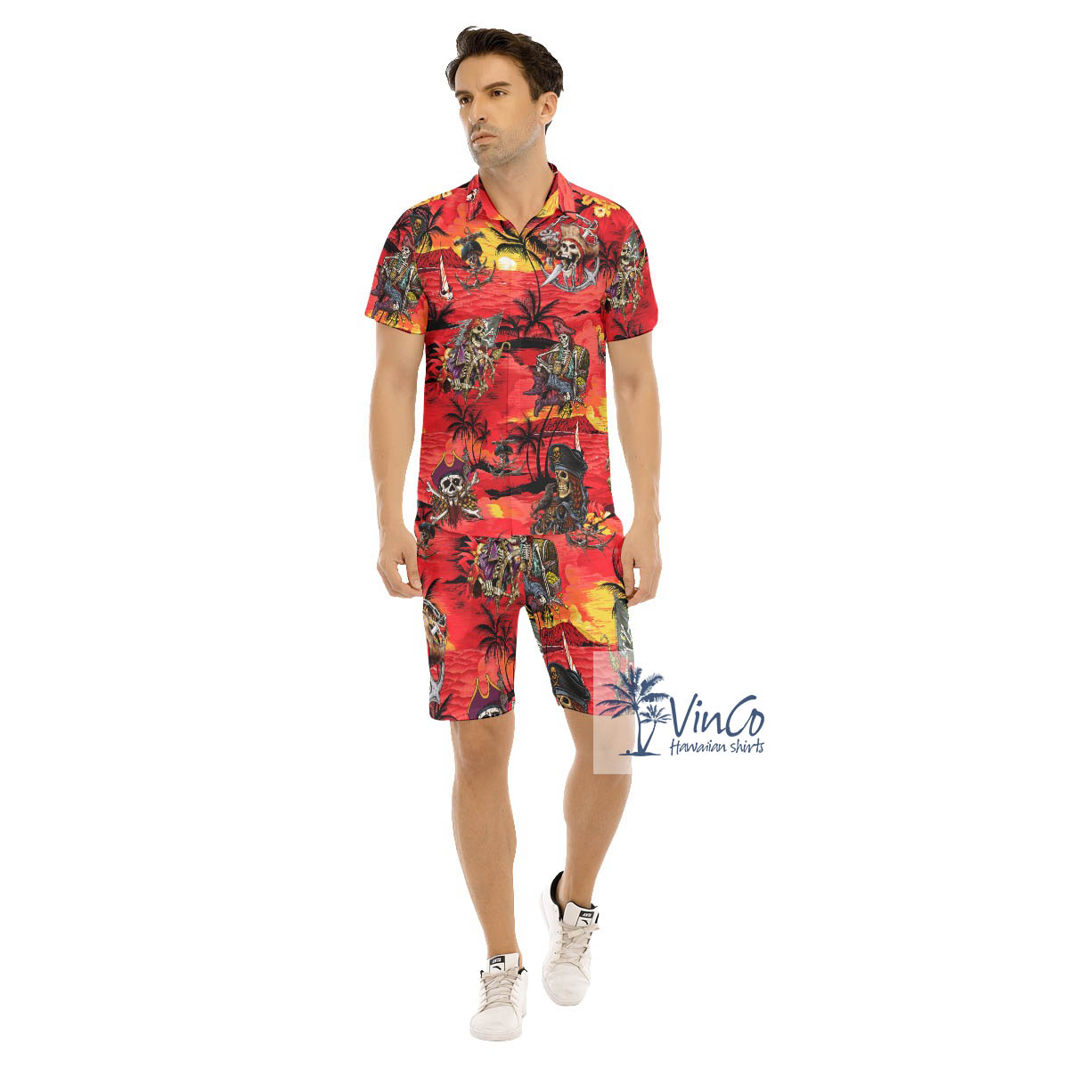 Skeleton Pirate Tropical Sunset Beach Hawaiian Shirt And Matching Shorts For Men - variant image 1