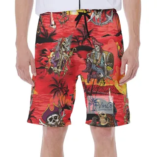 Tropical Sunset Beach Pirate Skeleton Hawaiian Swim Trunks