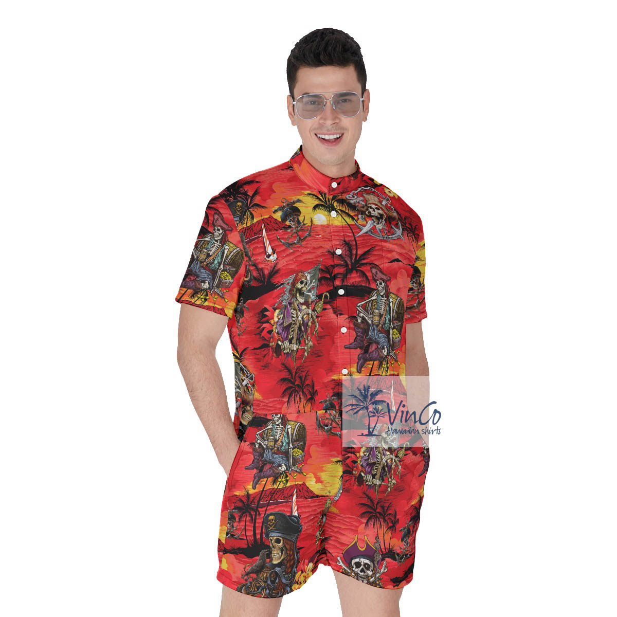Skeleton Pirate Tropical Red Summer Romper - variant image 1
