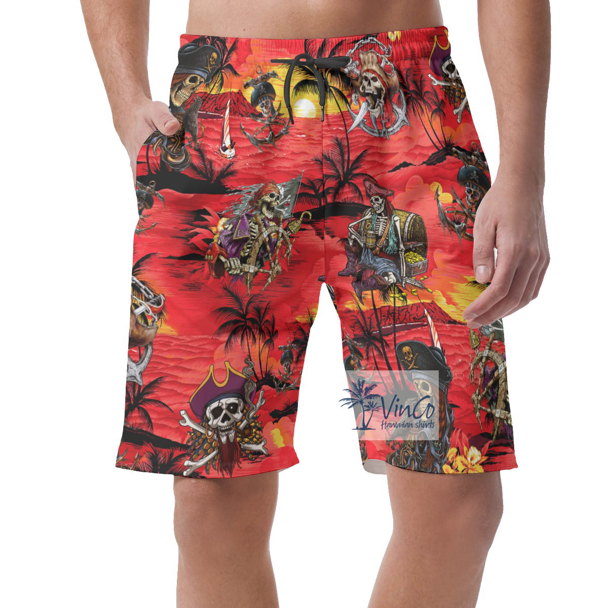 Pirate Skeleton Tropical Red Summer Shorts For Men - variant image 1