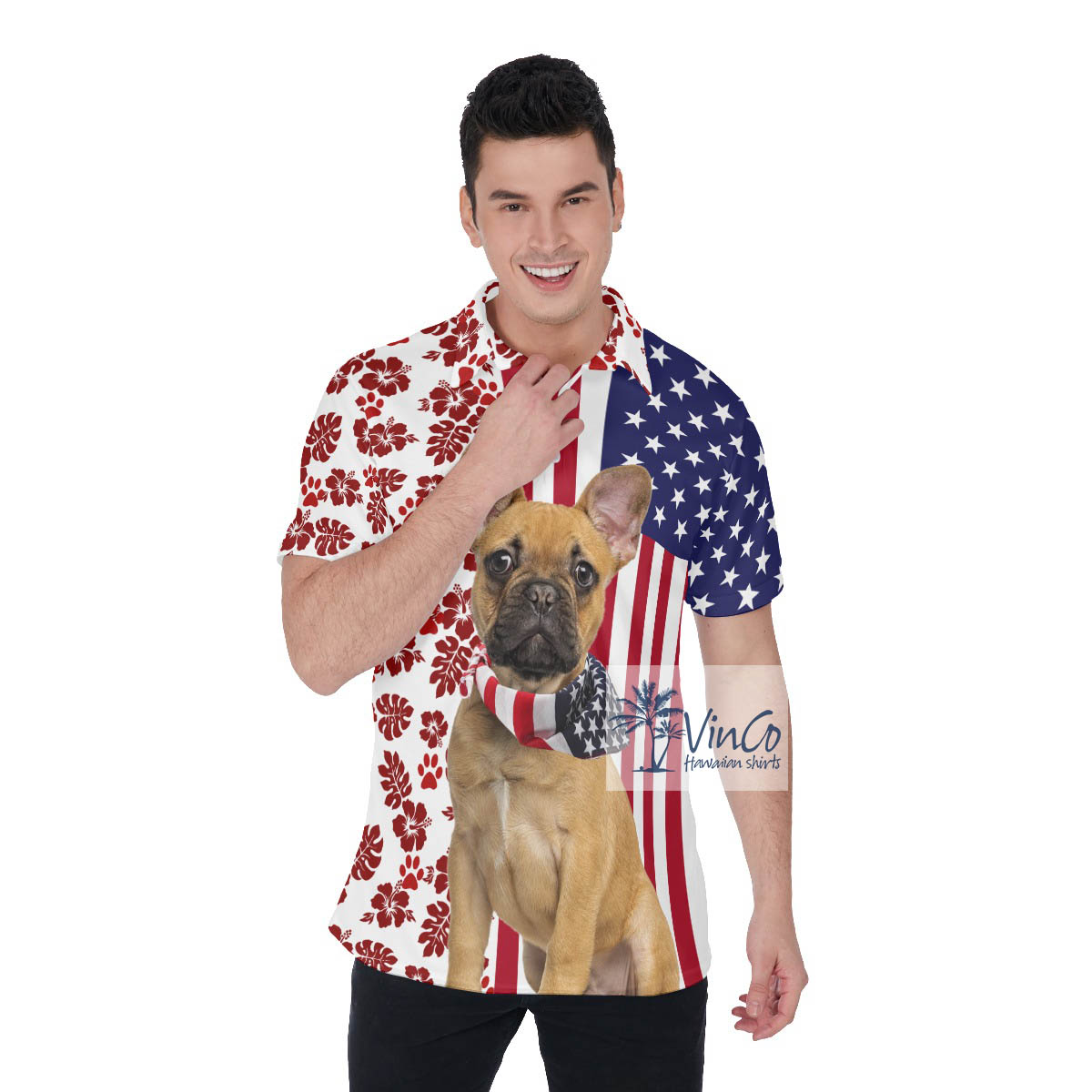 French Bulldog Patriotic American Hawaiian Golf Shirt For Men - variant image 1