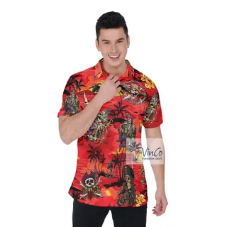 Funny Skeleton Pirate Tropical Palm Tree Hawaiian Polo Shirt