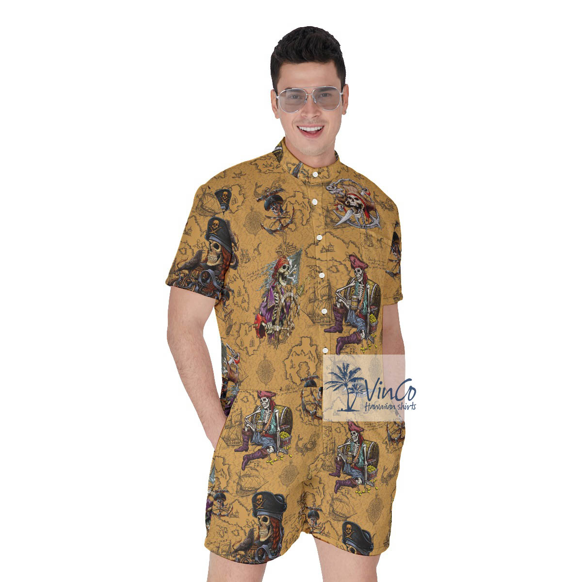 Funny Skeleton Pirate Vintage Men's Aloha Romper - variant image 1