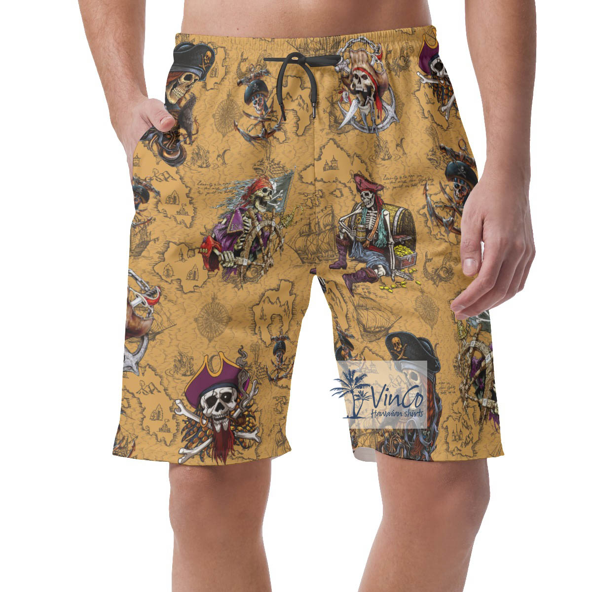 Skeleton Pirate Vintage Yellow Hawaiian Beach Shorts - variant image 1