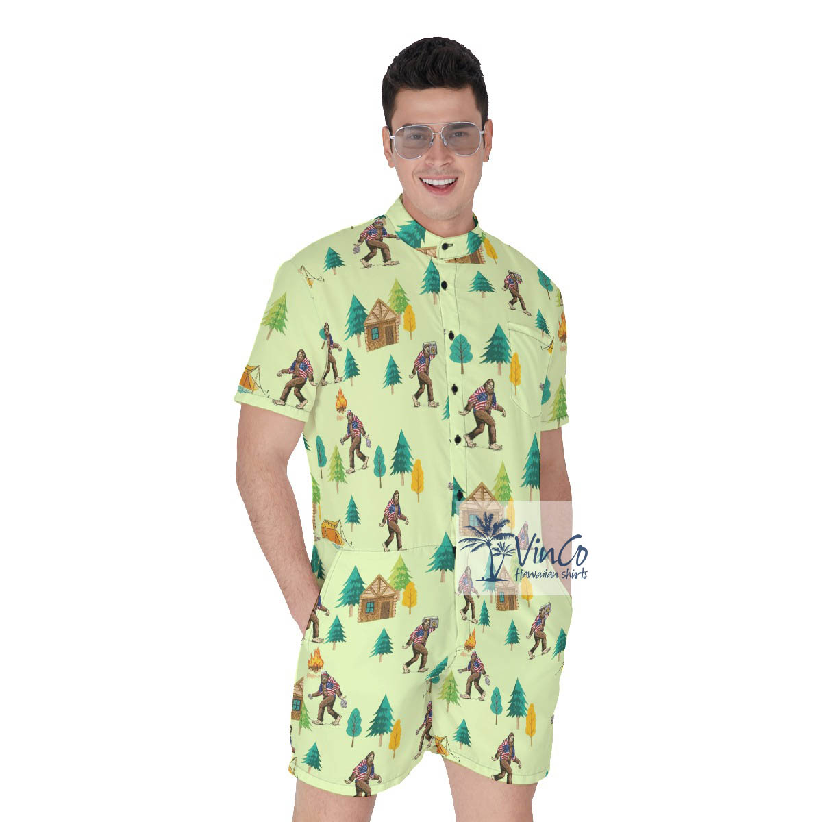 Bigfoot Camping Hawaiian Romper For Men - variant image 1