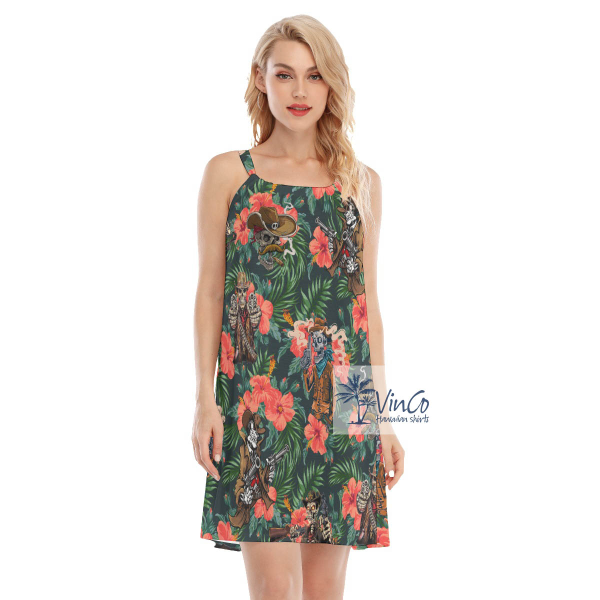 Funny Skeleton With Gun Hibiscus Aloha Cami Dress For Women - variant image 1