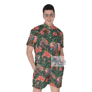 Tropical Skeleton With Gun Men's Hawaiian Romper