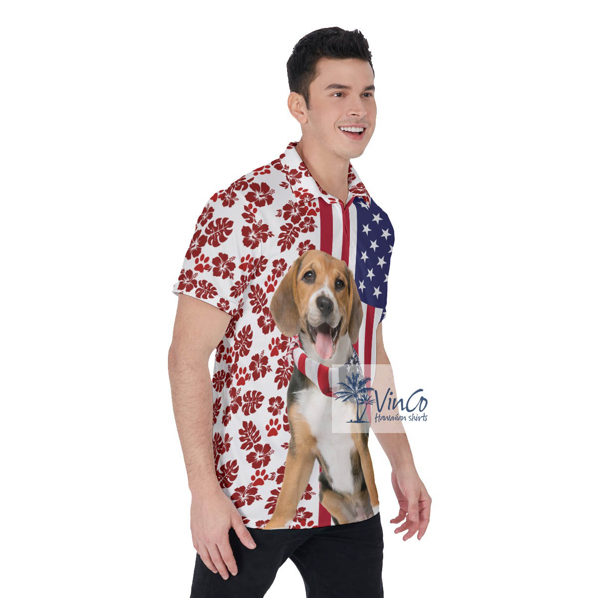Patriotic Beagles Dog American Flag Hawaiian Golf Shirt
