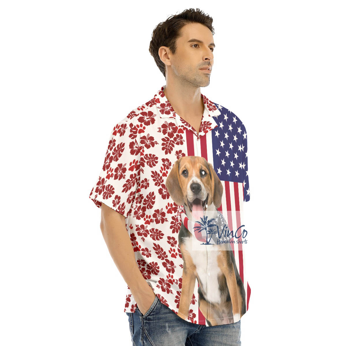 Patriotic Beagles Dog Hawaiian Button Up Shirt For Men