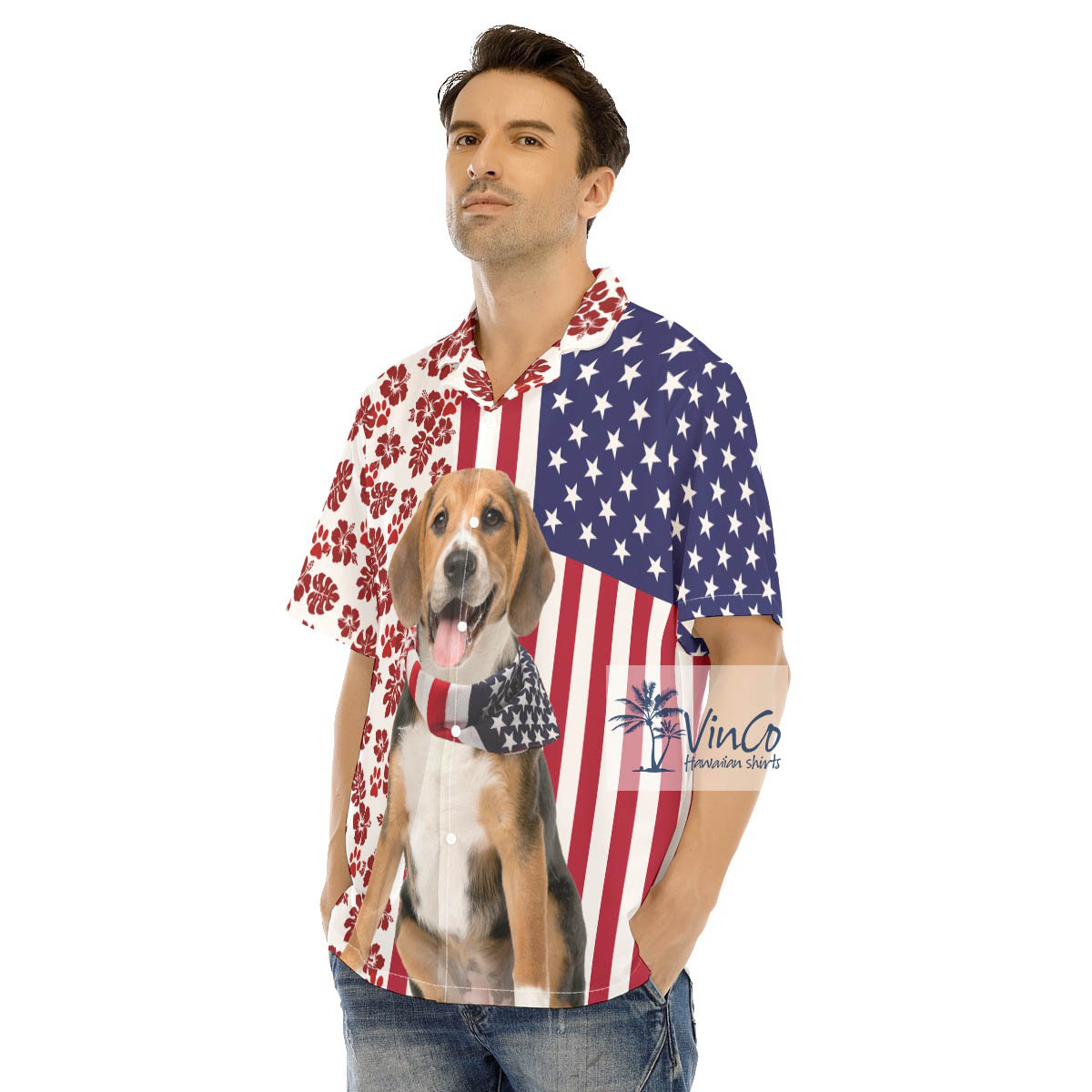 Patriotic Beagles Dog Hawaiian Button Up Shirt For Men