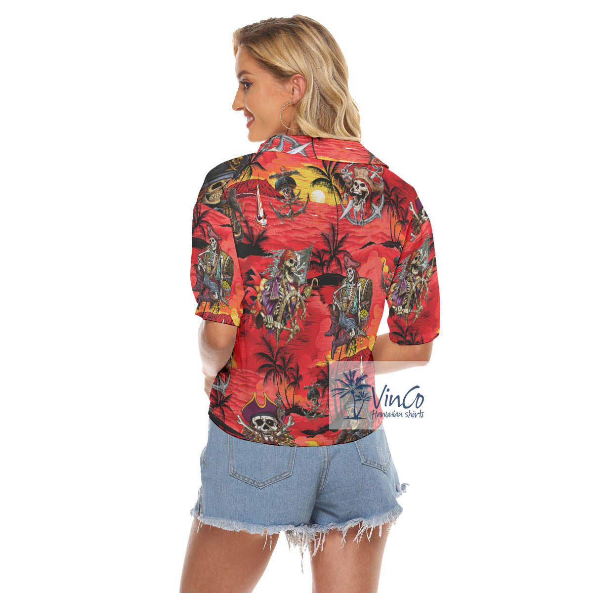 Pirate Skeleton Sunset Beach Tropical Hawaiian Crop Top Shirt For Women