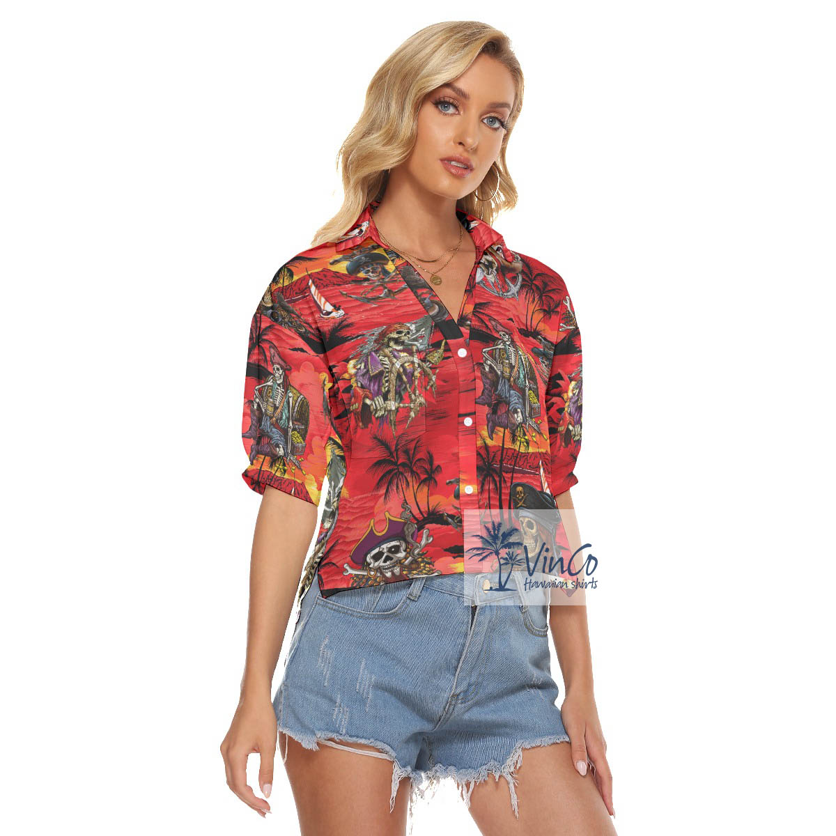 Pirate Skeleton Sunset Beach Tropical Hawaiian Crop Top Shirt For Women