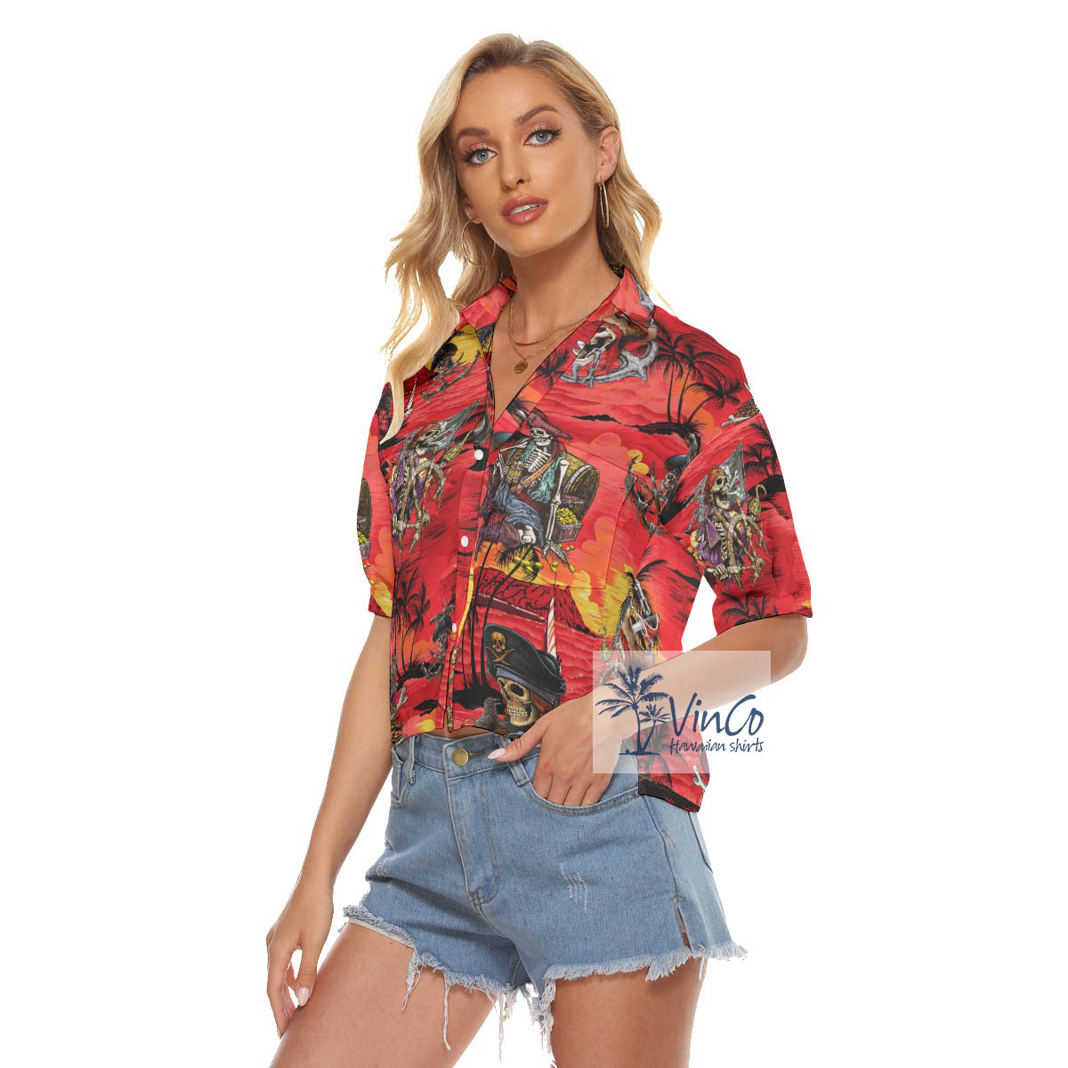 Pirate Skeleton Sunset Beach Tropical Hawaiian Crop Top Shirt For Women