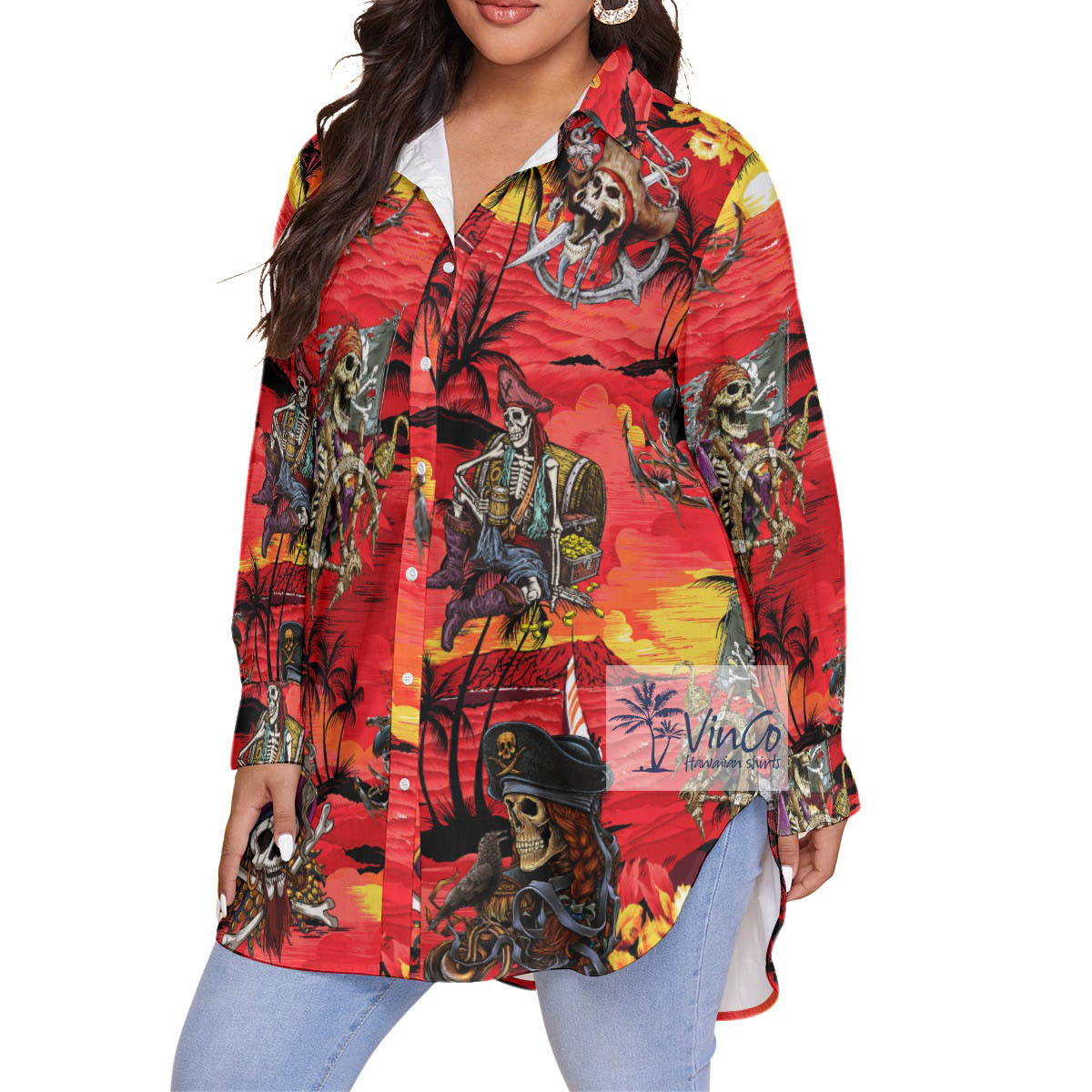 Pirate Skeleton Tropical Sunset Beach Hawaiian Plus Size Shirt