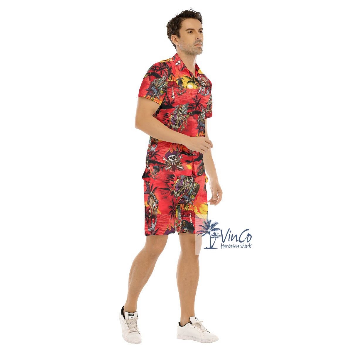 Skeleton Pirate Tropical Sunset Beach Hawaiian Shirt And Matching Shorts For Men