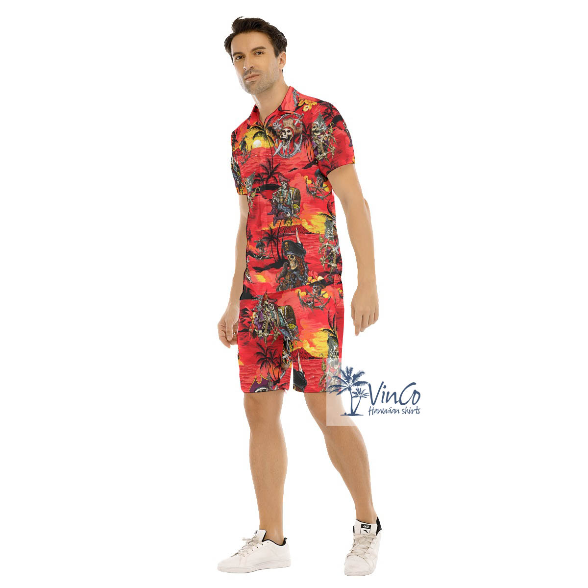Skeleton Pirate Tropical Sunset Beach Hawaiian Shirt And Matching Shorts For Men
