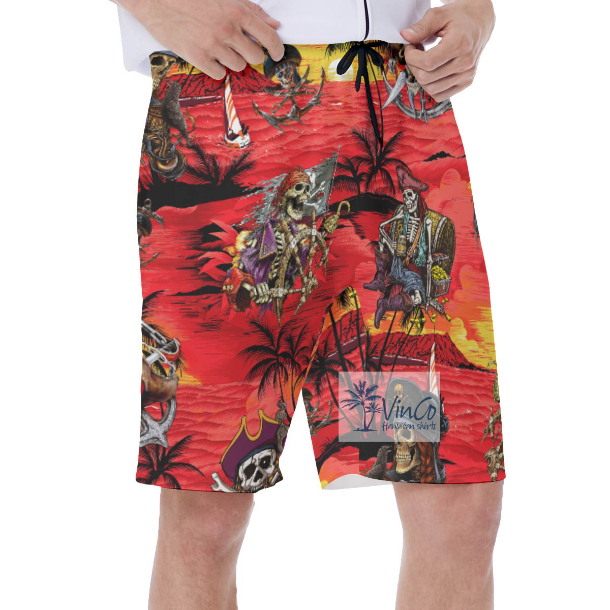 Tropical Sunset Beach Pirate Skeleton Hawaiian Swim Trunks