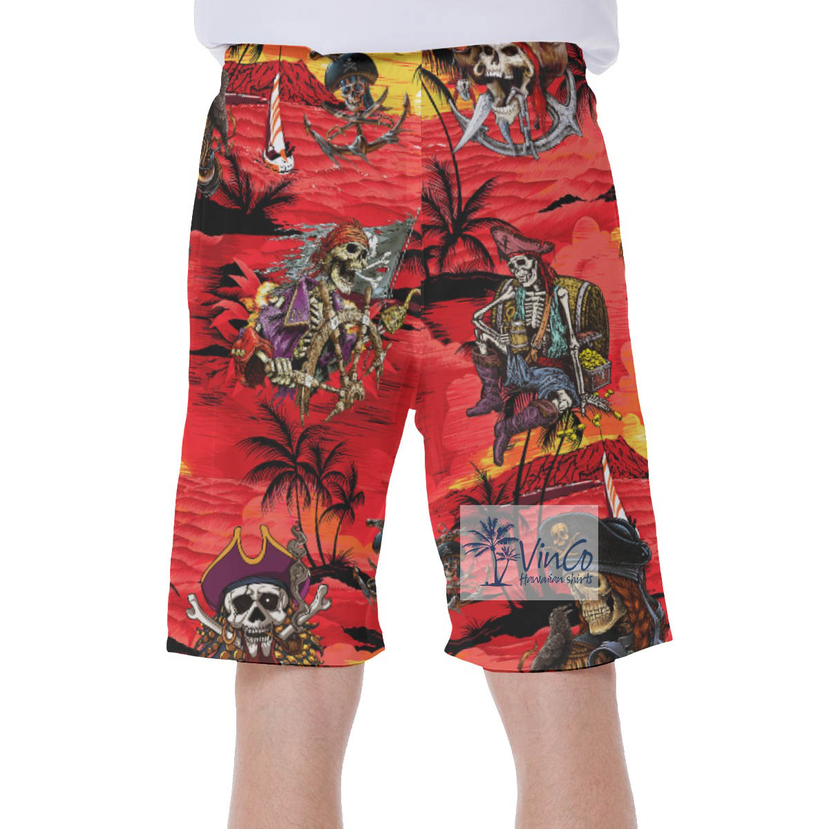 Tropical Sunset Beach Pirate Skeleton Hawaiian Swim Trunks