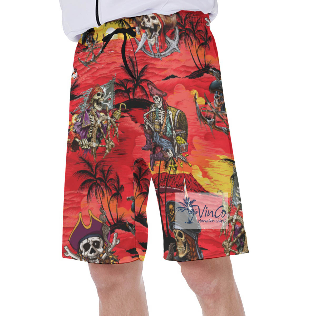 Tropical Sunset Beach Pirate Skeleton Hawaiian Swim Trunks
