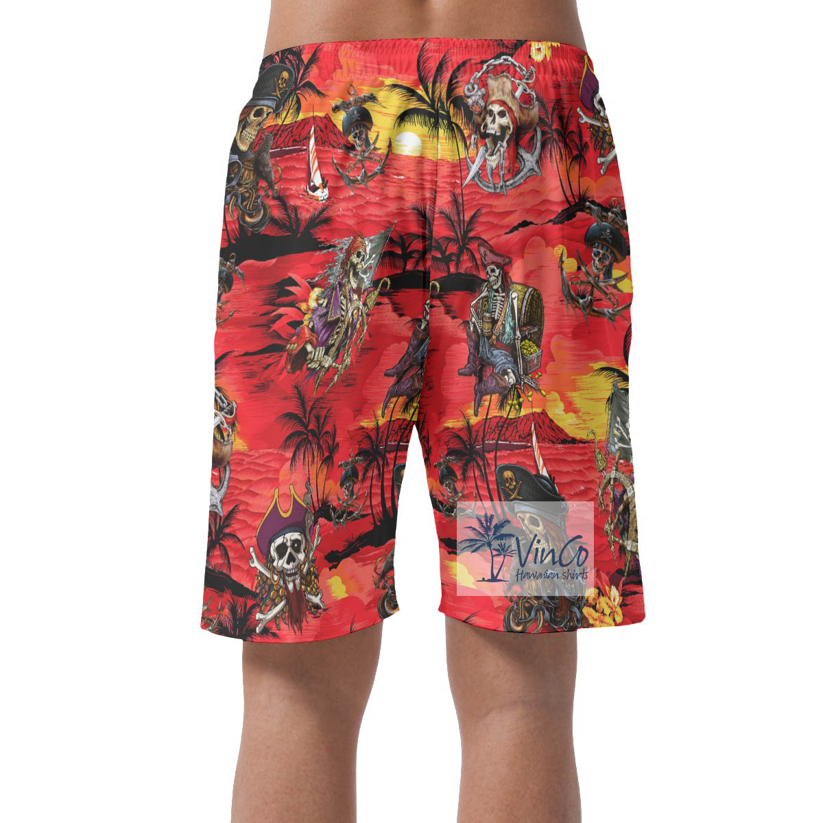 Pirate Skeleton Tropical Red Summer Shorts For Men
