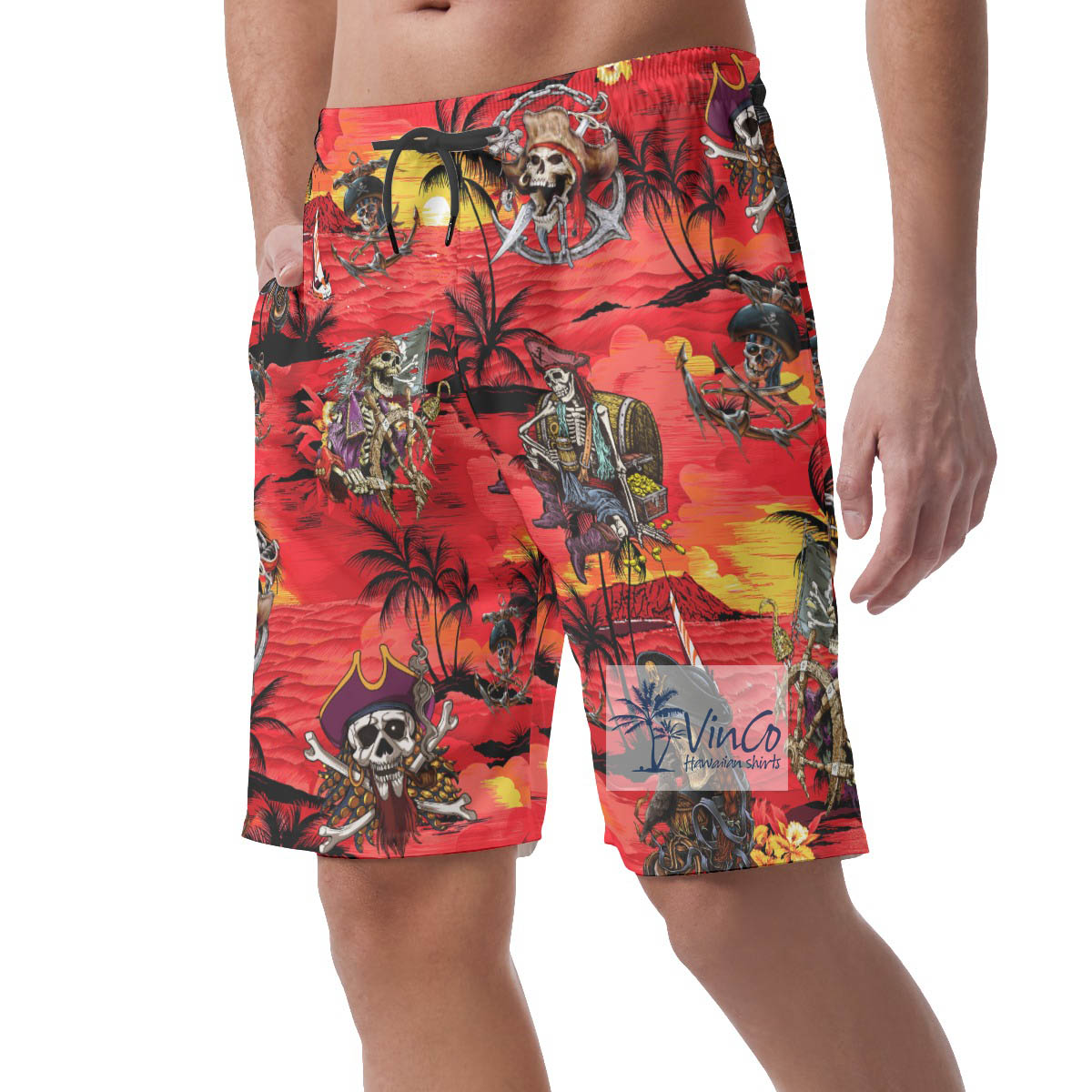 Pirate Skeleton Tropical Red Summer Shorts For Men