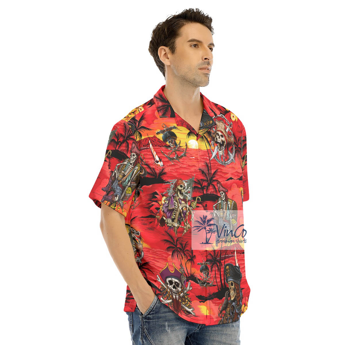 Tropical Sunset Time Skeleton Pirate Hawaiian Shirt