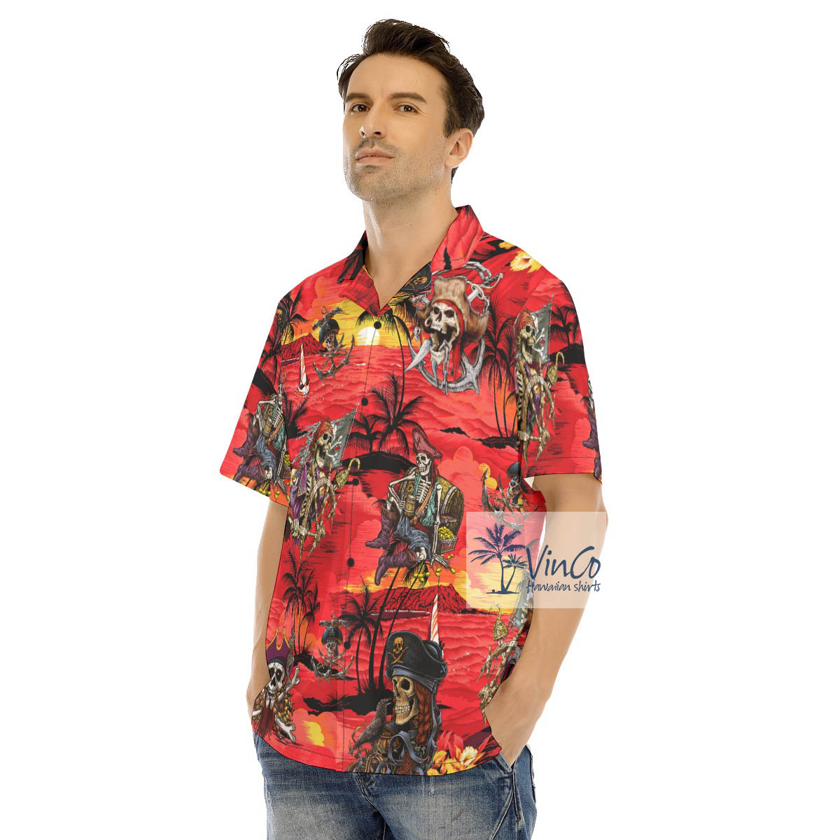Tropical Sunset Time Skeleton Pirate Hawaiian Shirt