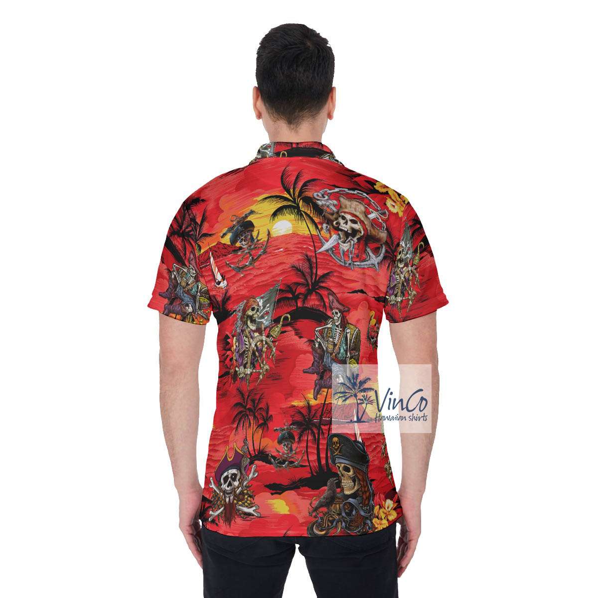 Funny Skeleton Pirate Tropical Palm Tree Hawaiian Polo Shirt