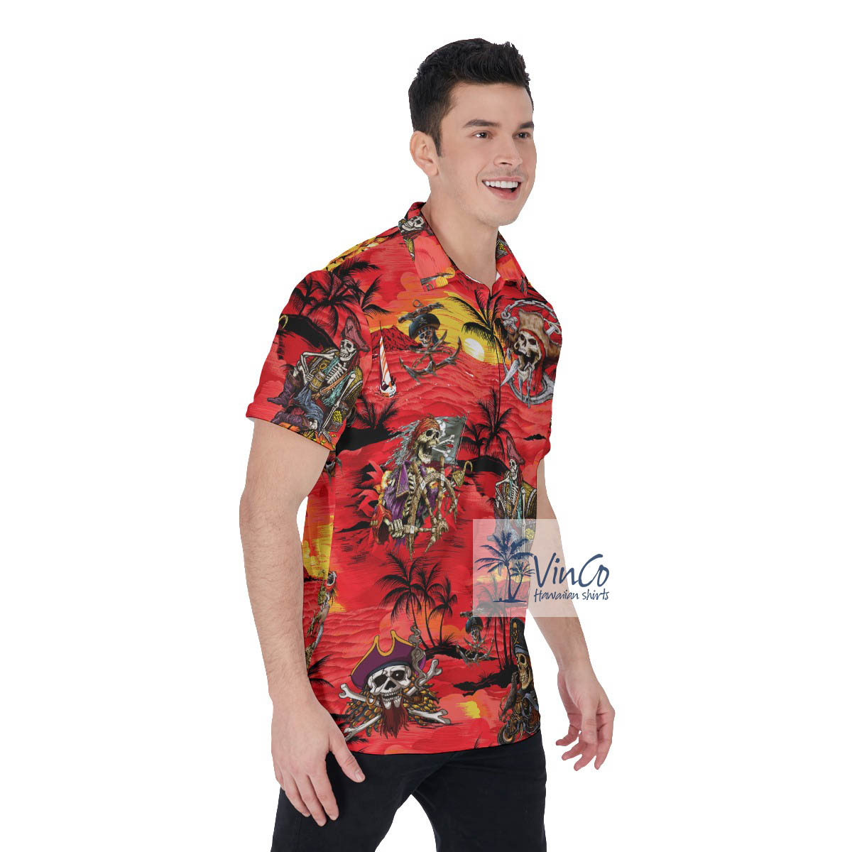 Funny Skeleton Pirate Tropical Palm Tree Hawaiian Polo Shirt