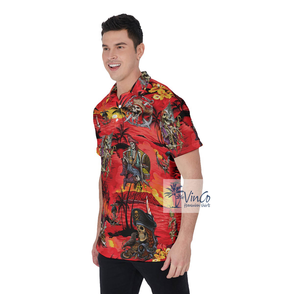 Funny Skeleton Pirate Tropical Palm Tree Hawaiian Polo Shirt