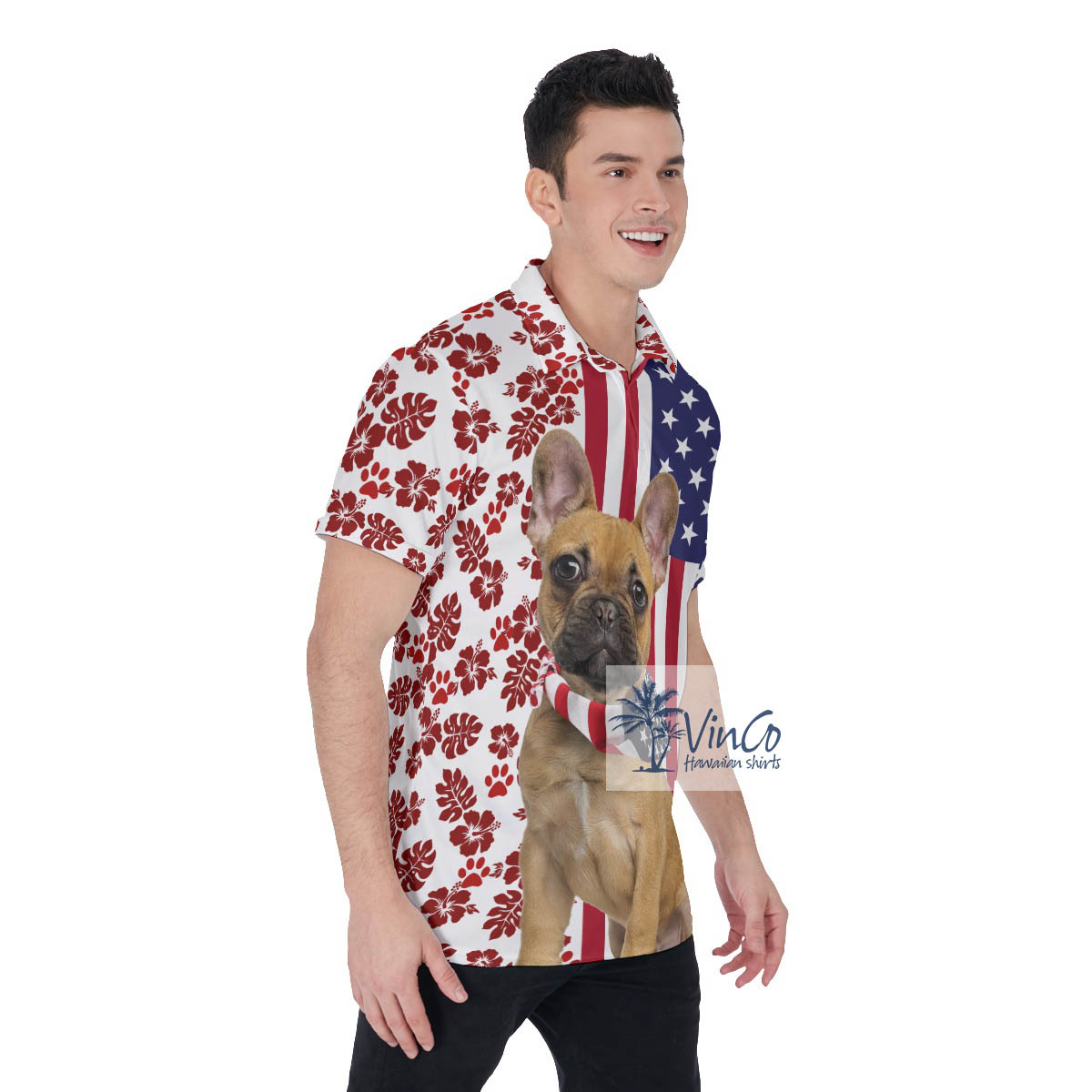 French Bulldog Patriotic American Hawaiian Golf Shirt For Men