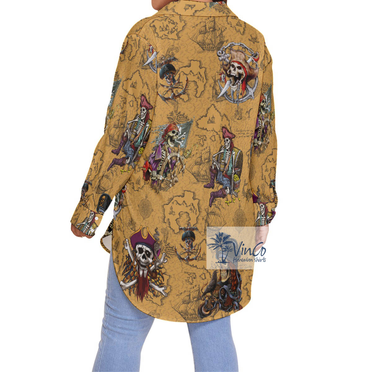 Pirate Skeleton Vintage Aloha Oversize Shirt For Women