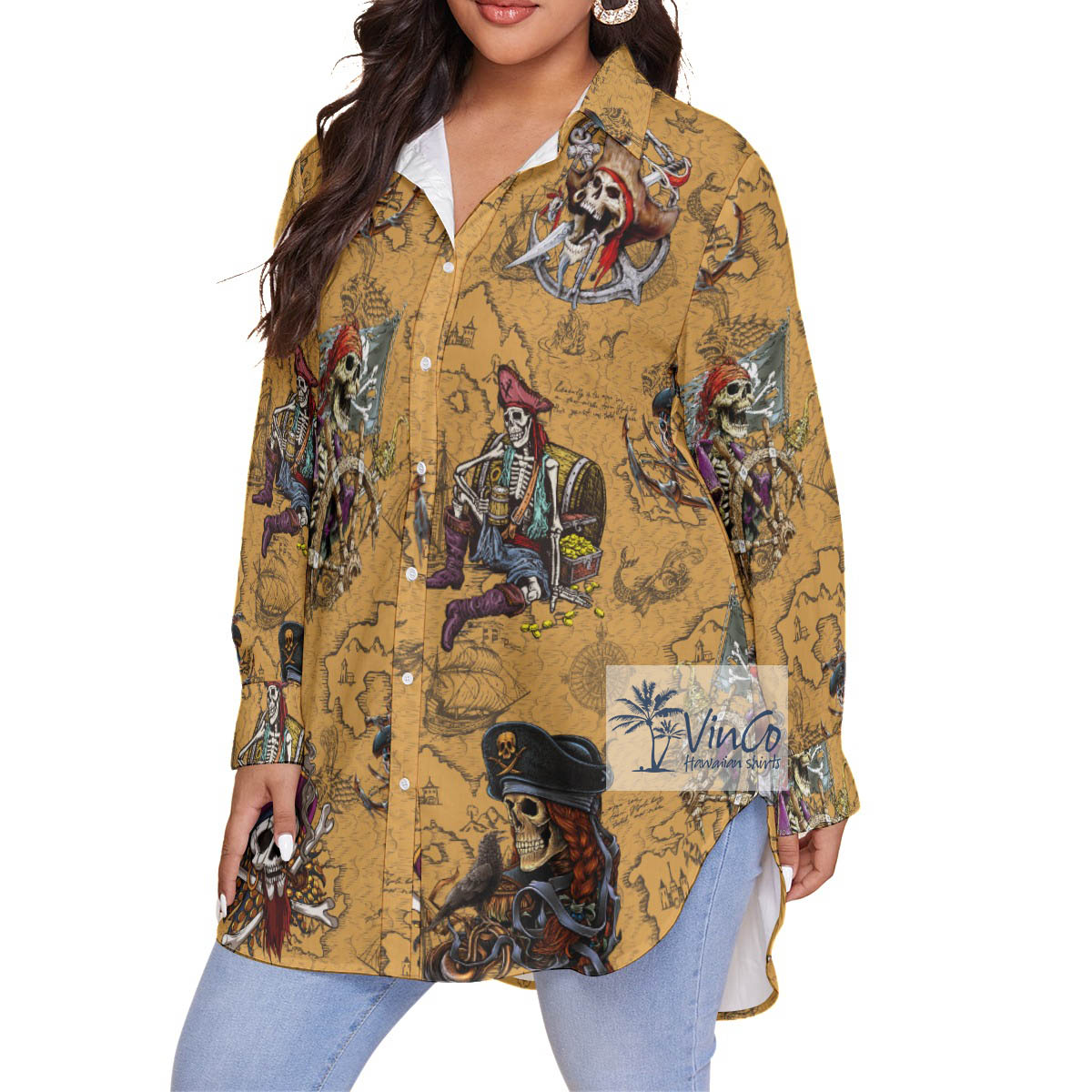 Pirate Skeleton Vintage Aloha Oversize Shirt For Women